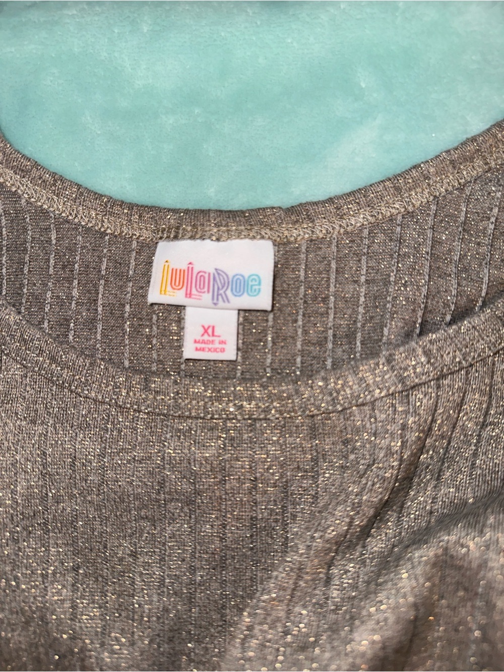 LuLaRoe Elegance Carly Metallic Taupe Ribbed Crew Neck Dress